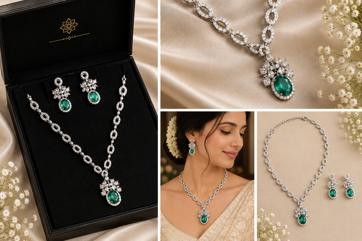 Emerald Green Stone Necklace Set With Earrings